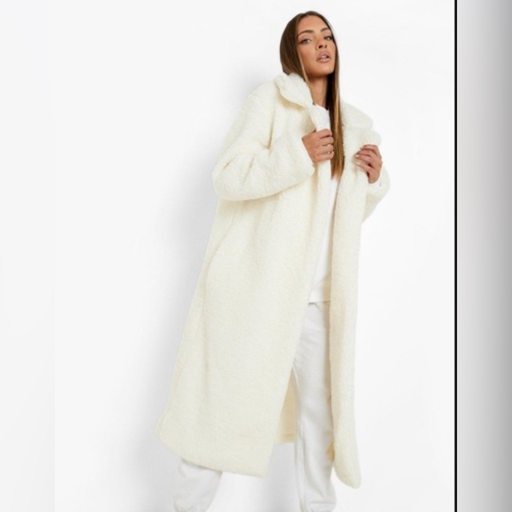 White Borg Teddy Seam Detail Longline Coat